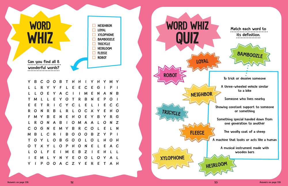 Pages 52-53 of Merriam-Webster's Word Puzzle Adventures. Page 52 is a word search and page 53 is a matching activity.
