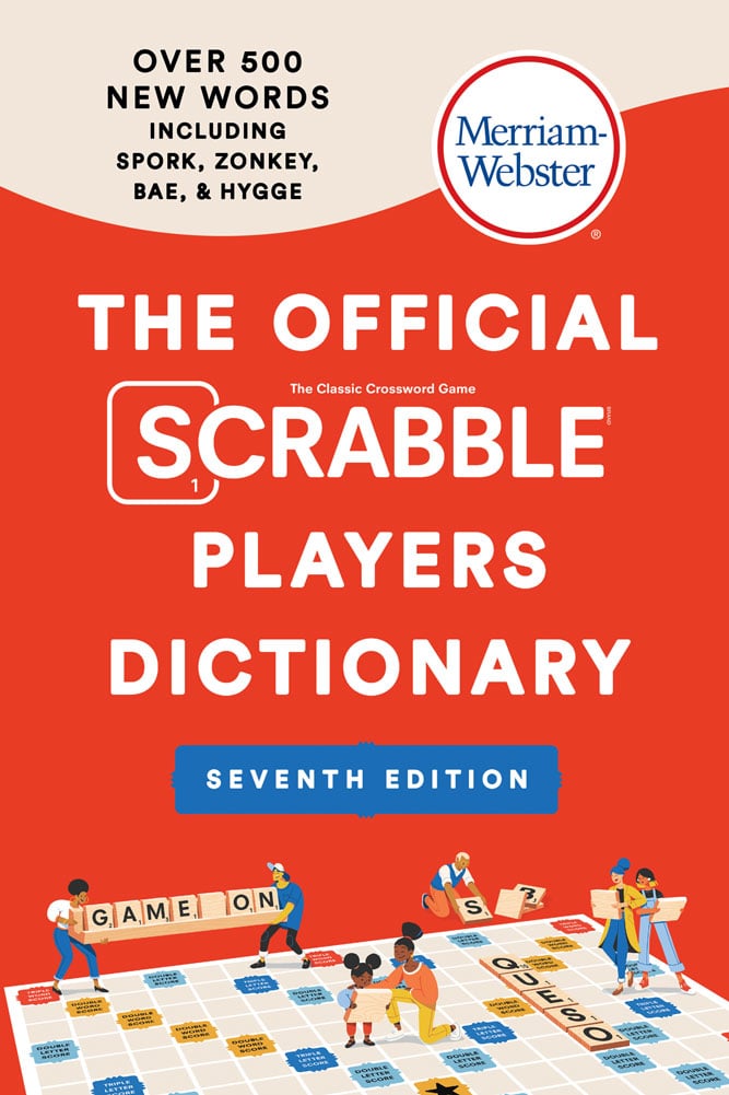 Cover of The Official SCRABBLE Players Dictionary. A red background with white type and art from the SCRABBLE board below the type.